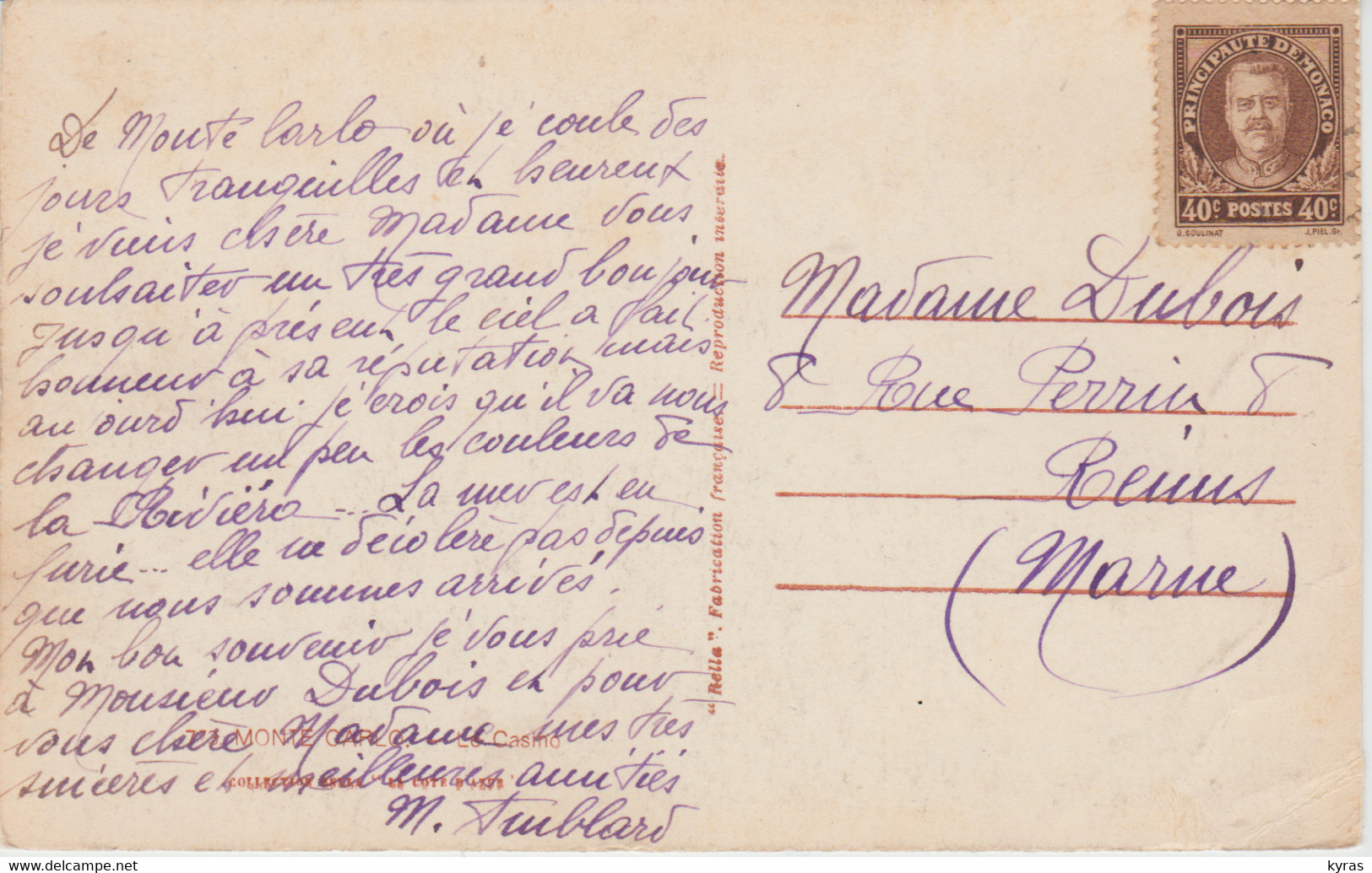 Timbre De 1933.MONACO . Prince Louis II - 40 C  Brun (seul Et Non Oblitéré) Sur Cpa :  Monte-Carlo Le Casino - Cartas & Documentos