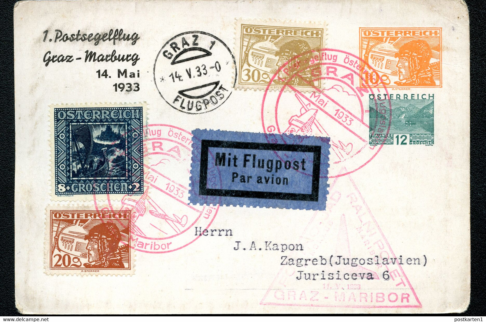 ÖSTERREICH PRIVAT-LUFTPOST-POSTKARTE PLP36 POSTSEGELFLUG 1933 - Cartes Postales