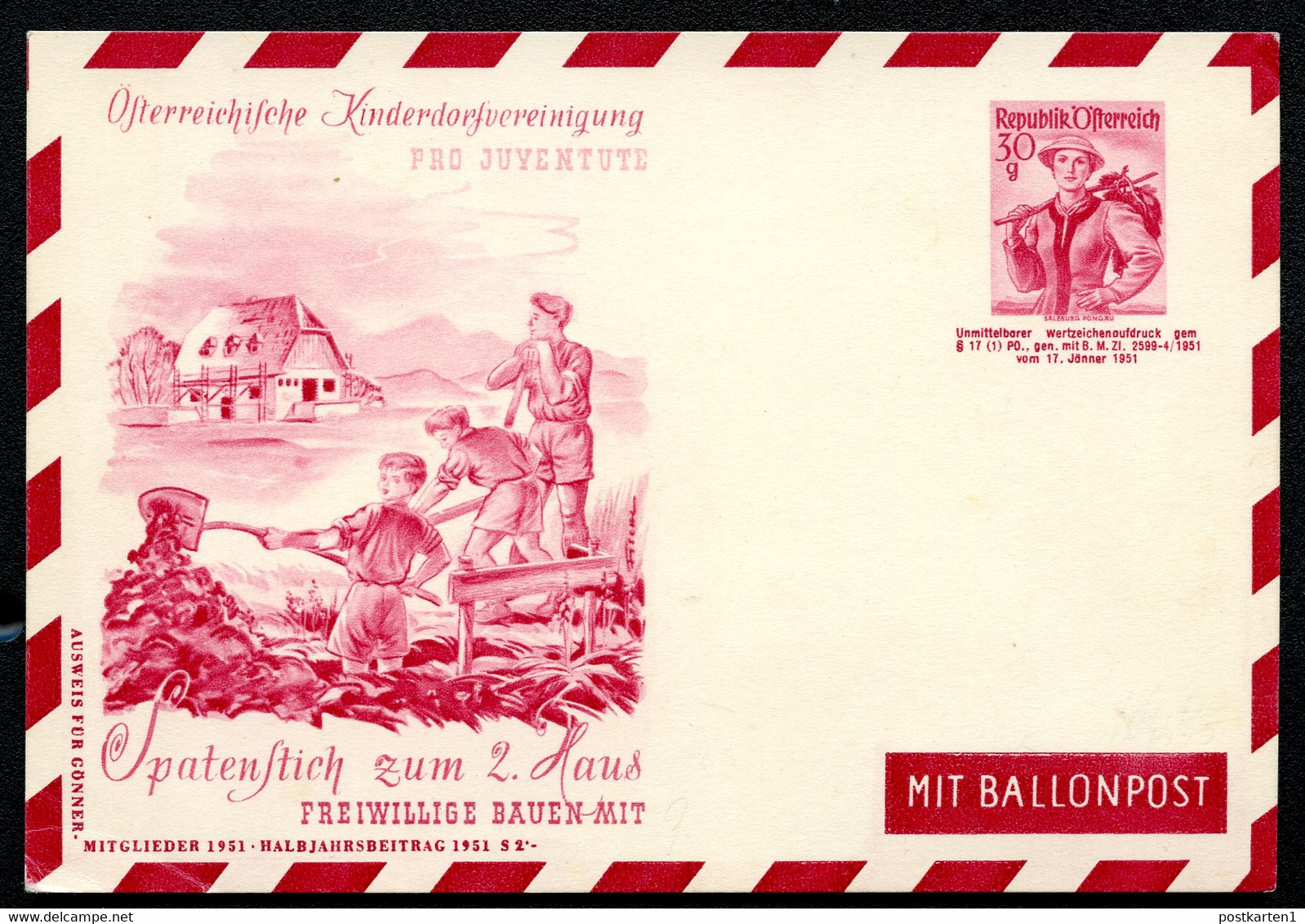 ÖSTERREICH PRIVAT-LUFTPOST-POSTKARTE PLP84 KINDERDORFVEREINIGUNG 1951 - Cartoline