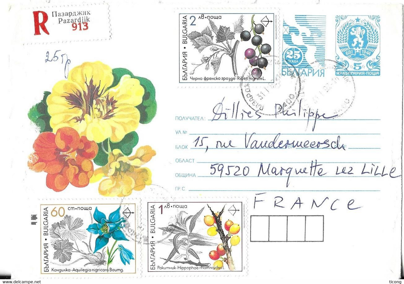 PAZARDIJK BULGARIE 1992 - ENTIER POSTAL RECOMMANDE  FLEURS , PLANTES MEDICINALES ( PETIT TIRAGE POUR LE 2 LEV ) A VOIR - Lettres & Documents