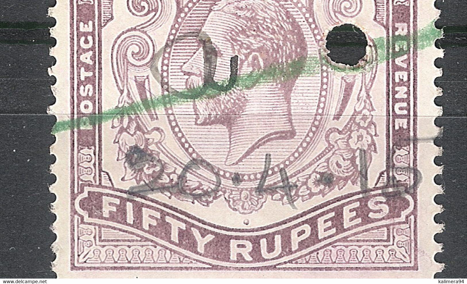 CEYLON ( ÎLE DE CEYLAN ) / Y. & T. N° 192 / GEORGES V, 50 Rupees Violet / Poinçon Rond + Oblit. Crayon Et Plume 20.4.15 - Ceylon (...-1947)