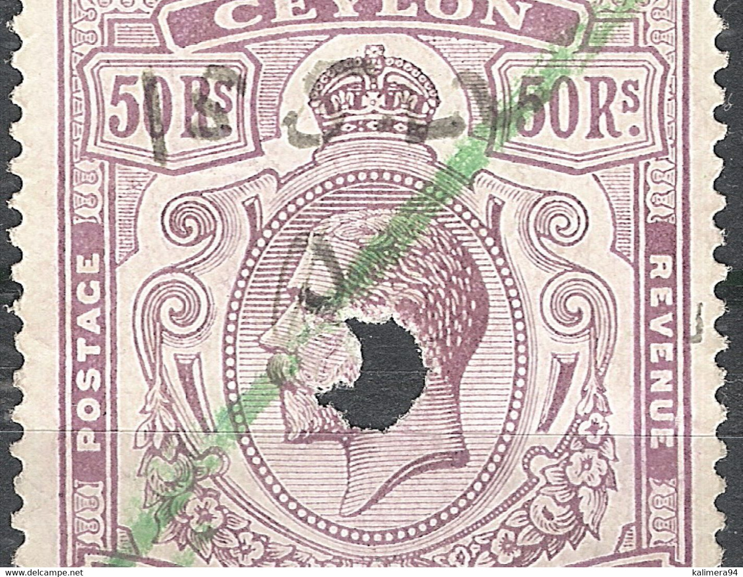 CEYLON ( ÎLE DE CEYLAN ) / Y. & T. N° 222 / GEORGES V, 50 Rupees Violet / Poinçon Rond + Oblit. Crayon Et Plume 15.5.27 - Ceylon (...-1947)