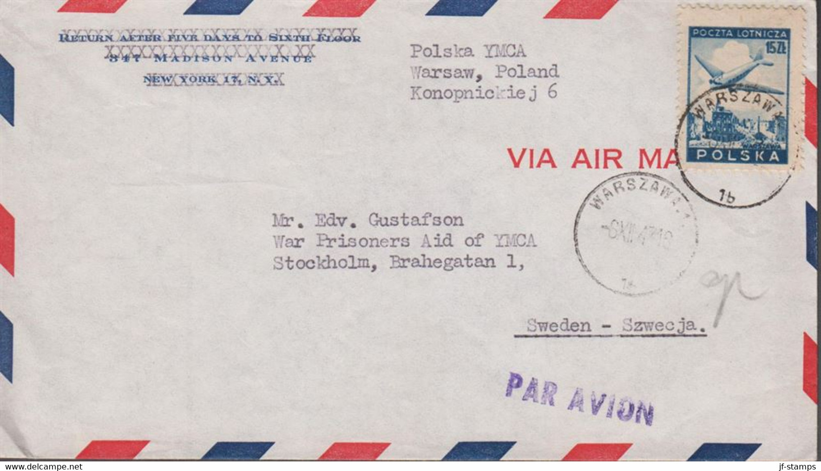1947. POLSKA 15 Zl. Lissunow Li2 Plane On Cover To War Prisoners Aid Of YMCA, Stockholm, Swed... (Michel 430) - JF516973 - Regering In Londen(Ballingschap)