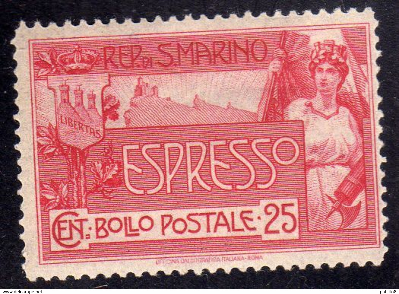 REPUBBLICA DI SAN MARINO 1907 ESPRESSI ALLEGORIA E VEDUTA ALLEGORY VIEW SPECIAL DELIVERY ESPRESSO LIRE 25 MNH CENTRATO - Express Letter Stamps