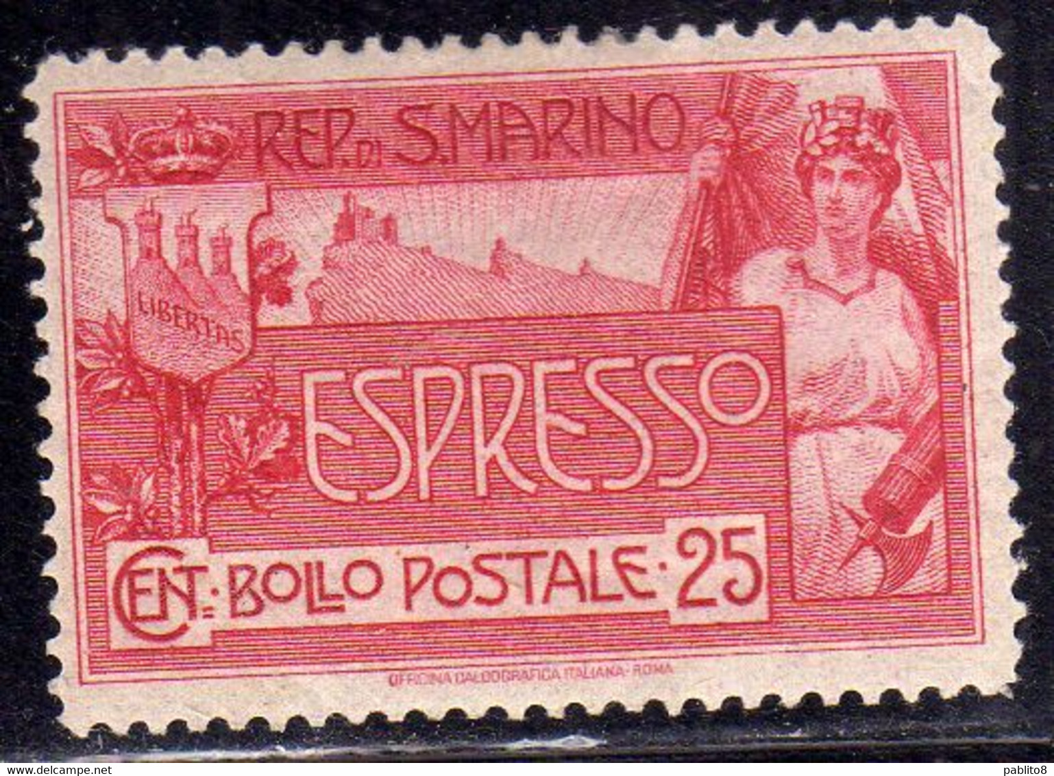 REPUBBLICA DI SAN MARINO 1907 ESPRESSI ALLEGORIA E VEDUTA ALLEGORY VIEW SPECIAL DELIVERY ESPRESSO LIRE 25 MLH CENTRATO - Express Letter Stamps