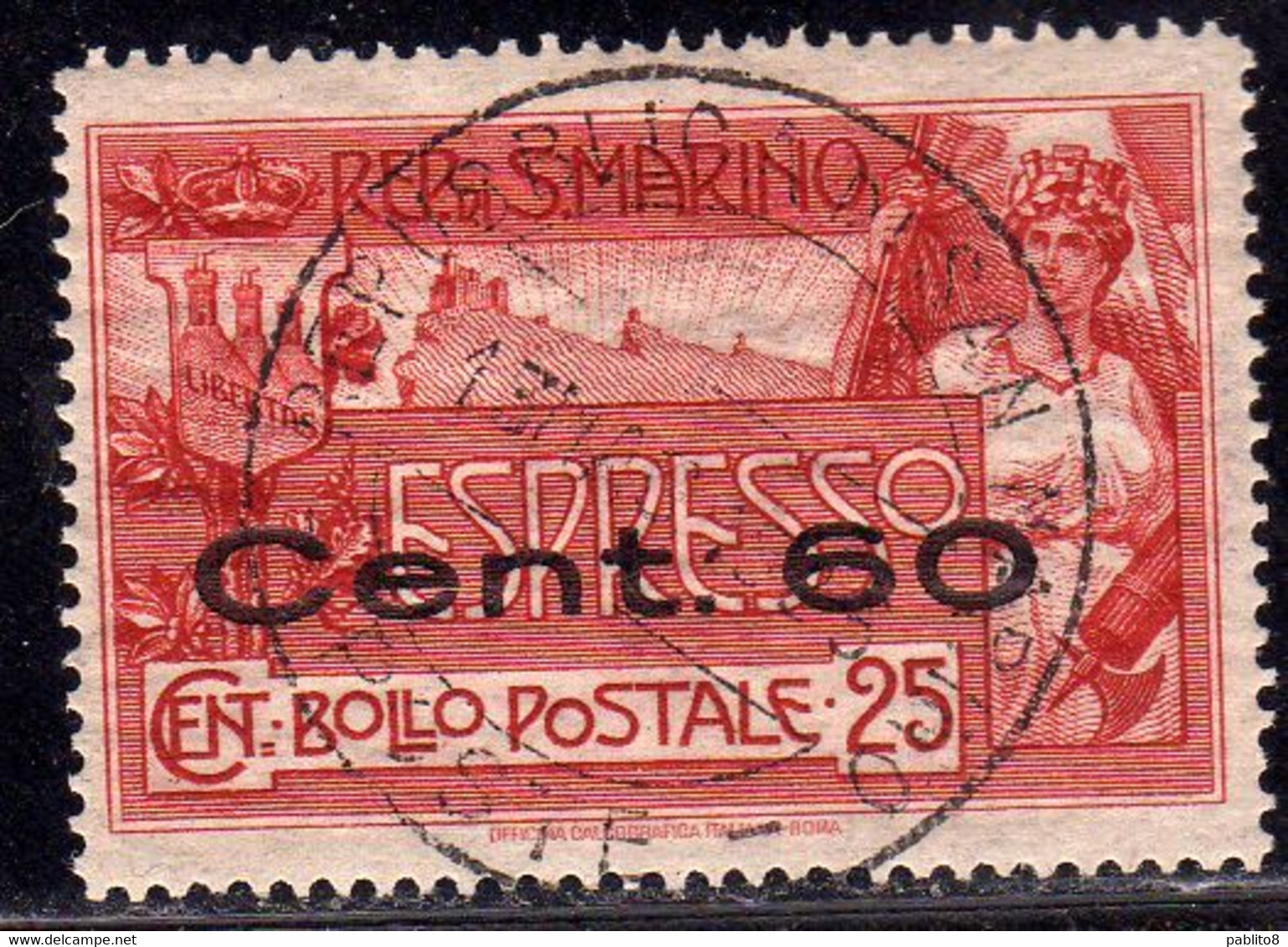 REPUBBLICA DI SAN MARINO 1923 ESPRESSO SPECIAL DELIVERY CENT. 60 SU 25c USATO USED OBLITERE' - Express Letter Stamps