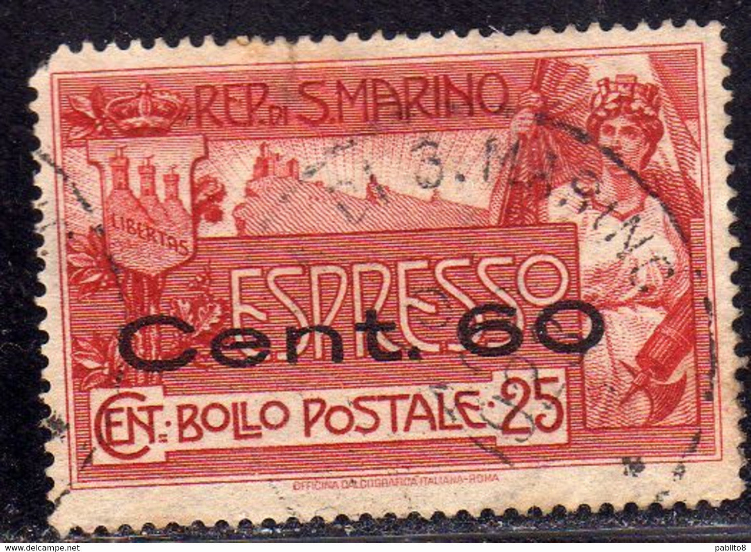 REPUBBLICA DI SAN MARINO 1923 ESPRESSO SPECIAL DELIVERY CENT. 60 SU 25c USATO USED OBLITERE' - Express Letter Stamps