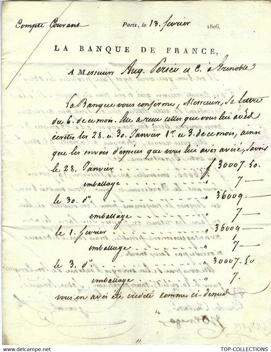 1806 ENTETE BANQUE DE France Créée En 1800 Paris LETTRE SIGNEE Le Directeur à BANQUE PERIER à Grenoble - Historische Dokumente