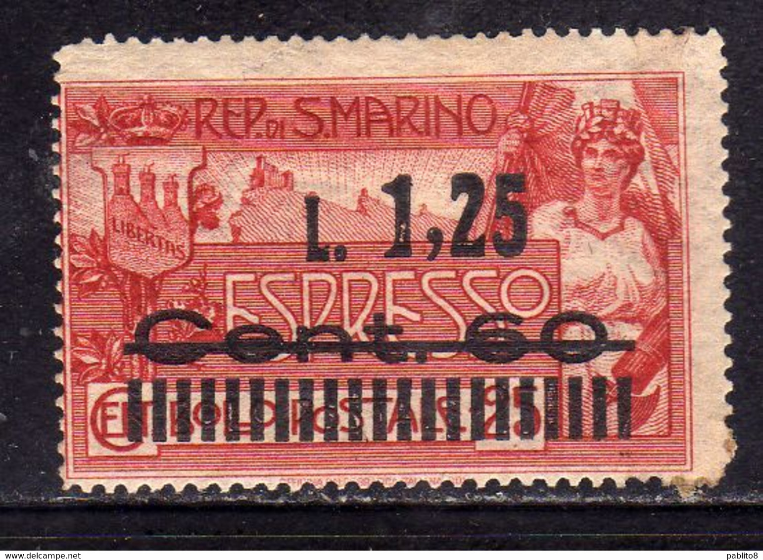 REPUBBLICA DI SAN MARINO 1927ESPRESSI ESPRESSO SOPRASTAMPATO SPECIAL DELIVERY SURCHARGED LIRE 1,25 SU CENT.60 SU 25c MLH - Francobolli Per Espresso