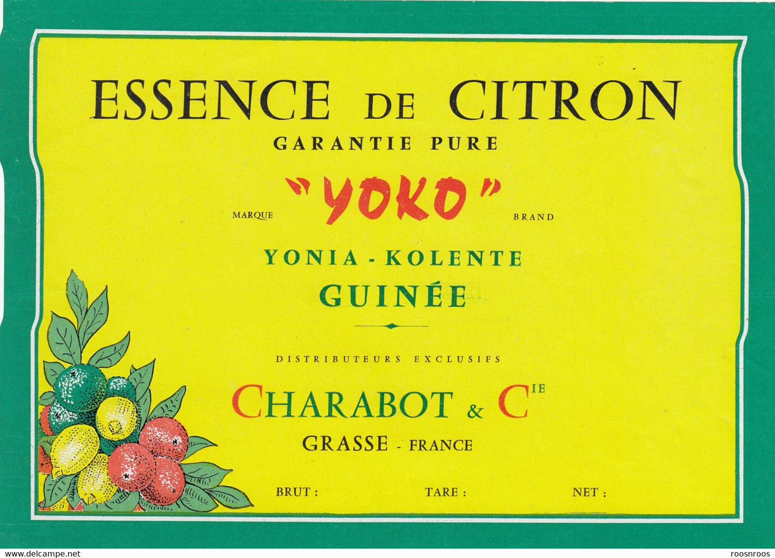 ETIQUETTE  ESSENCE DE CITRON YOKO -  YONIA-KOLENTE  GUINEE - CHARABOT A GRASSE - PERFUME LABEL - Etiquettes