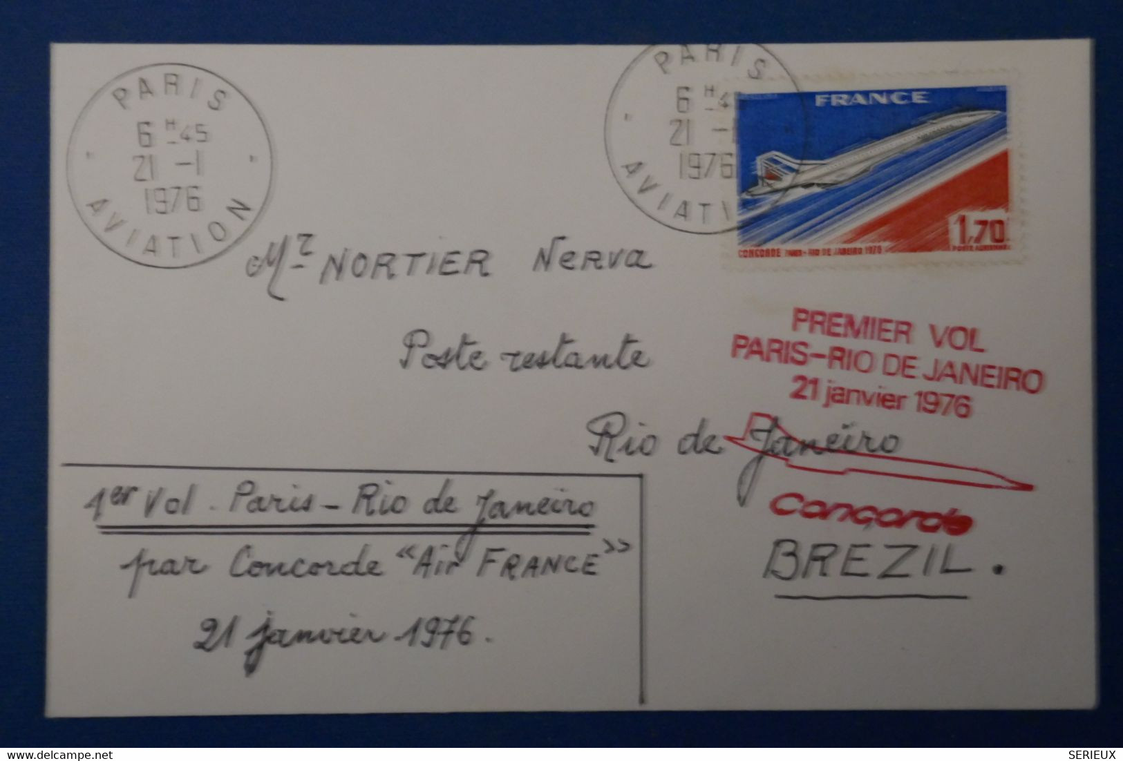 AR4 FRANCE BELLE CARTE 1976  1ER VOL CONCORDE PARIS RIO  + AFFRANCH. PLAISANT - Primeros Vuelos