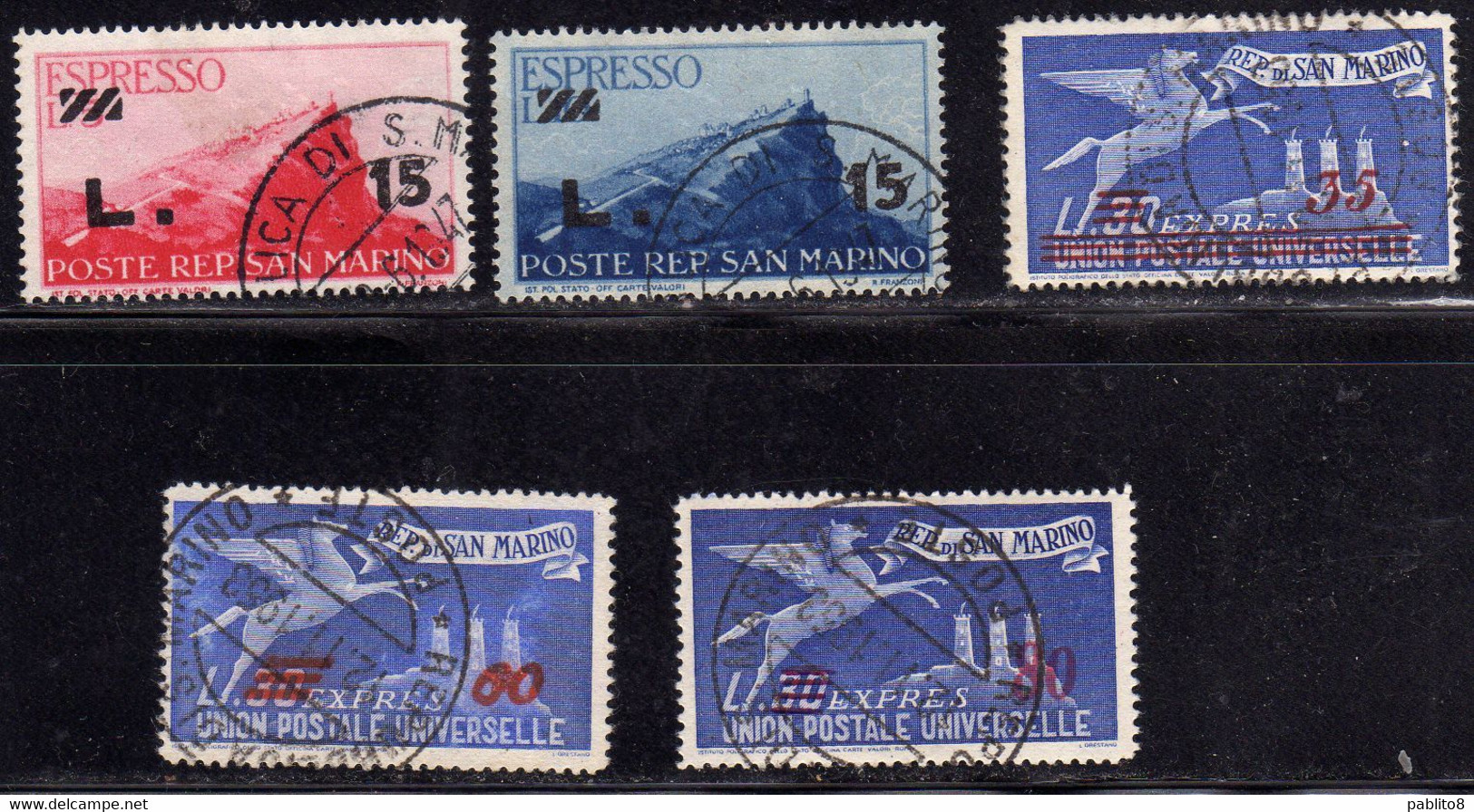 REPUBBLICA DI SAN MARINO 1947 1948 ESPRESSI SPECIAL DELIVERY VIEW SURCHARGED ESPRESSO VEDUTA SOPRASTAMPATO SERIE USATA - Sellos De Urgencia