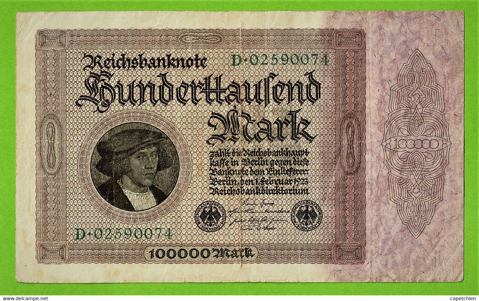 ALLEMAGNE / 100.000 MARK / REICHSBANKNOTE / 01 - 02 - 1923 / D. 02590074 /   Ros. 82 / ETAT TB - 100000 Mark