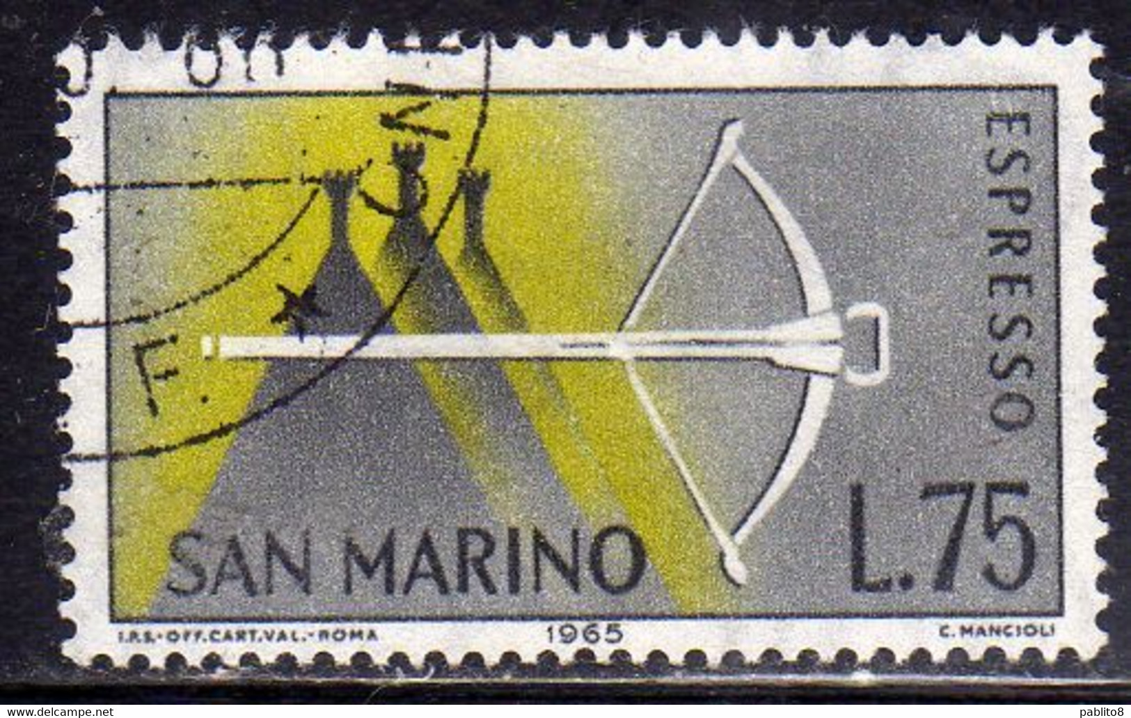 REPUBBLICA DI SAN MARINO 1966 ESPRESSI SPECIAL DELIVERY ESPRESSO BALESTRA LIRE 75 USATO USED OBLITERE' - Eilpost