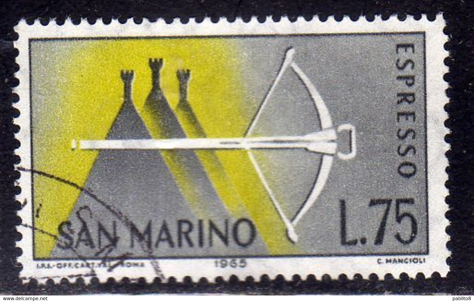 REPUBBLICA DI SAN MARINO 1966 ESPRESSI SPECIAL DELIVERY ESPRESSO BALESTRA LIRE 75 USATO USED OBLITERE' - Timbres Express