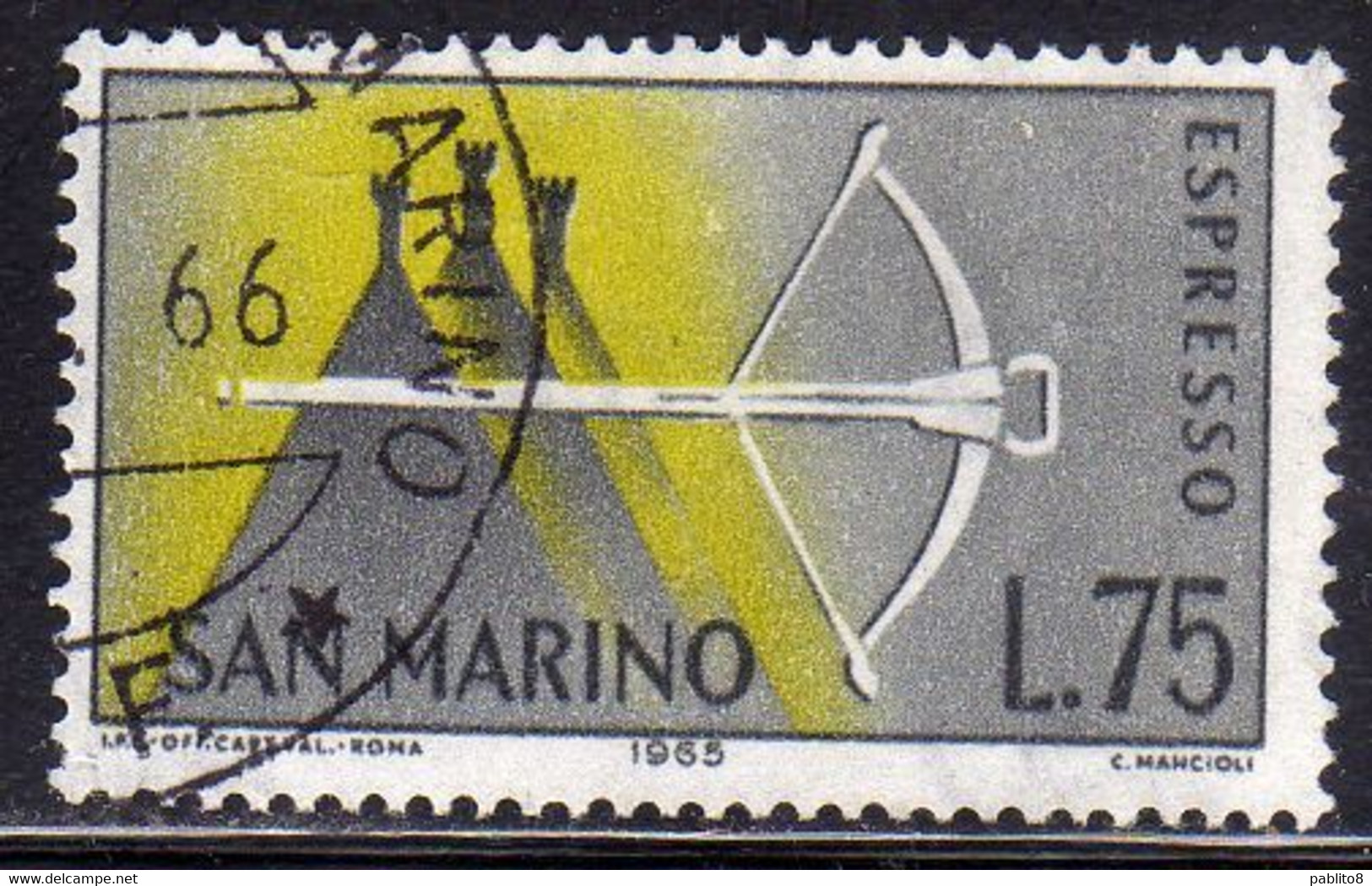 REPUBBLICA DI SAN MARINO 1966 ESPRESSI SPECIAL DELIVERY ESPRESSO BALESTRA LIRE 75 USATO USED OBLITERE' - Timbres Express