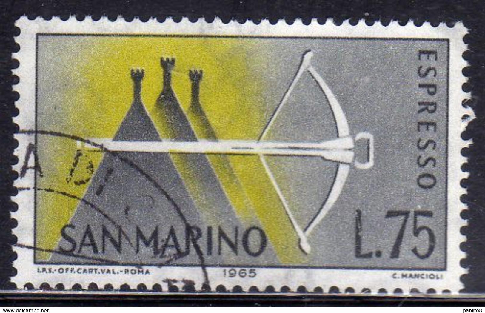 REPUBBLICA DI SAN MARINO 1966 ESPRESSI SPECIAL DELIVERY ESPRESSO BALESTRA LIRE 75 USATO USED OBLITERE' - Express Letter Stamps