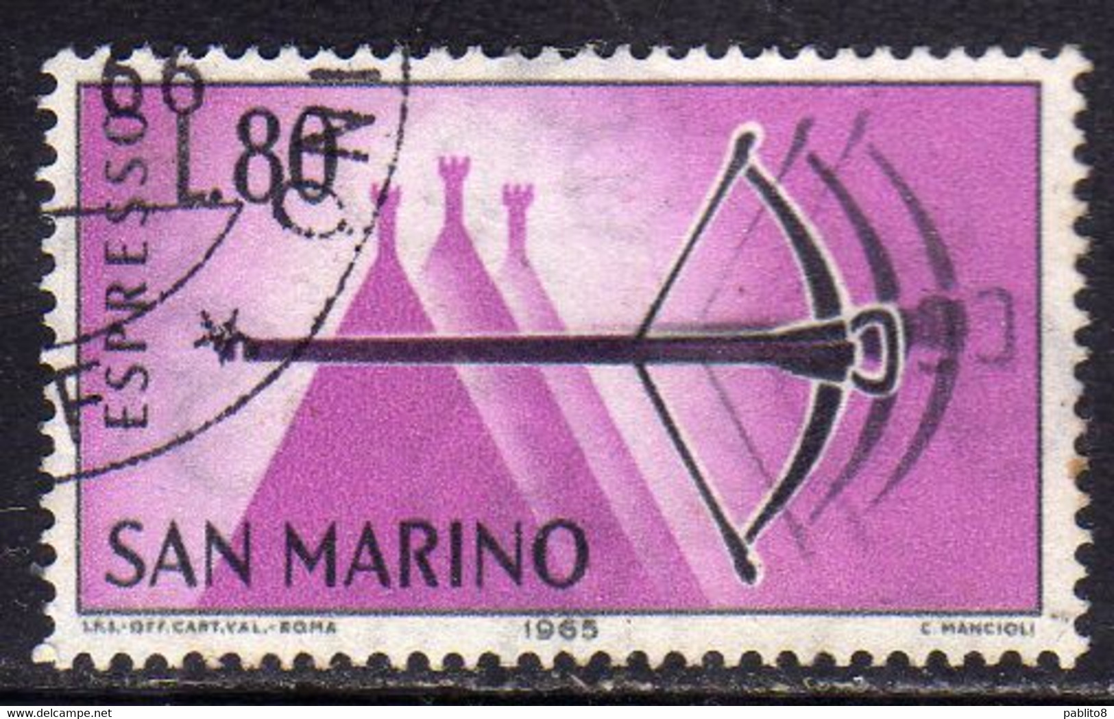 REPUBBLICA DI SAN MARINO 1966 ESPRESSI SPECIAL DELIVERY ESPRESSO BALESTRA LIRE 80 USATO USED OBLITERE' - Express Letter Stamps