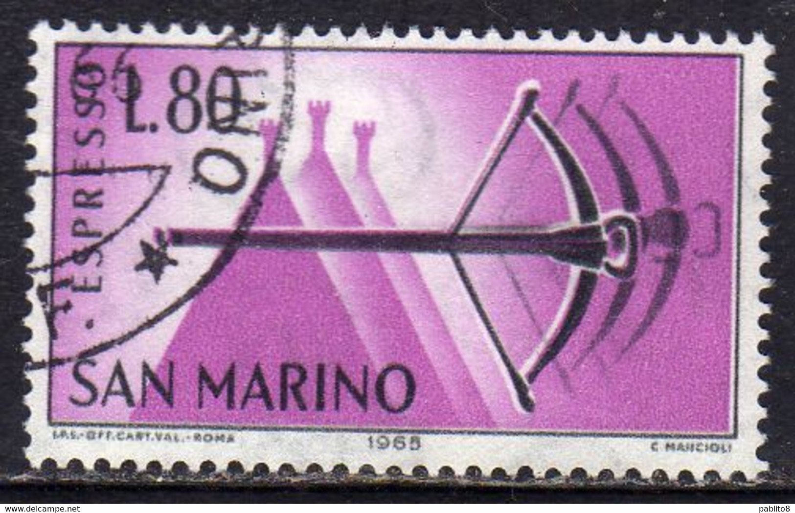 REPUBBLICA DI SAN MARINO 1966 ESPRESSI SPECIAL DELIVERY ESPRESSO BALESTRA LIRE 80 USATO USED OBLITERE' - Eilpost