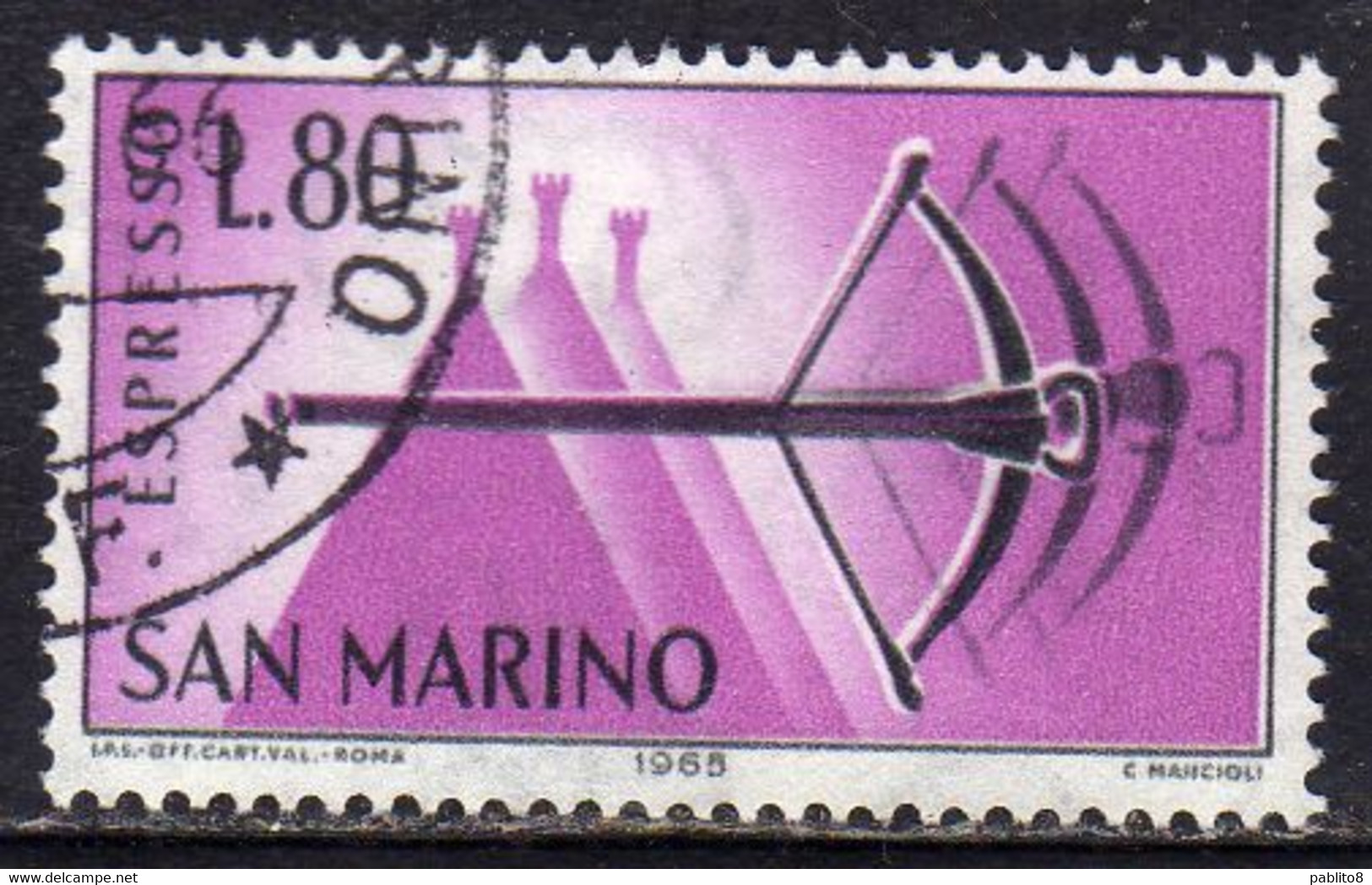 REPUBBLICA DI SAN MARINO 1966 ESPRESSI SPECIAL DELIVERY ESPRESSO BALESTRA LIRE 80 USATO USED OBLITERE' - Express Letter Stamps