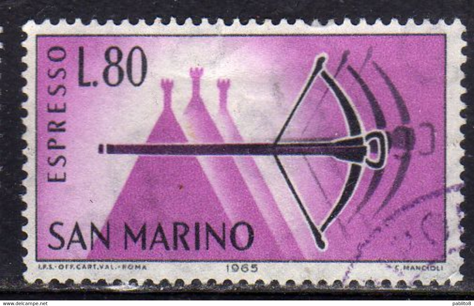 REPUBBLICA DI SAN MARINO 1966 ESPRESSI SPECIAL DELIVERY ESPRESSO BALESTRA LIRE 80 USATO USED OBLITERE' - Sellos De Urgencia