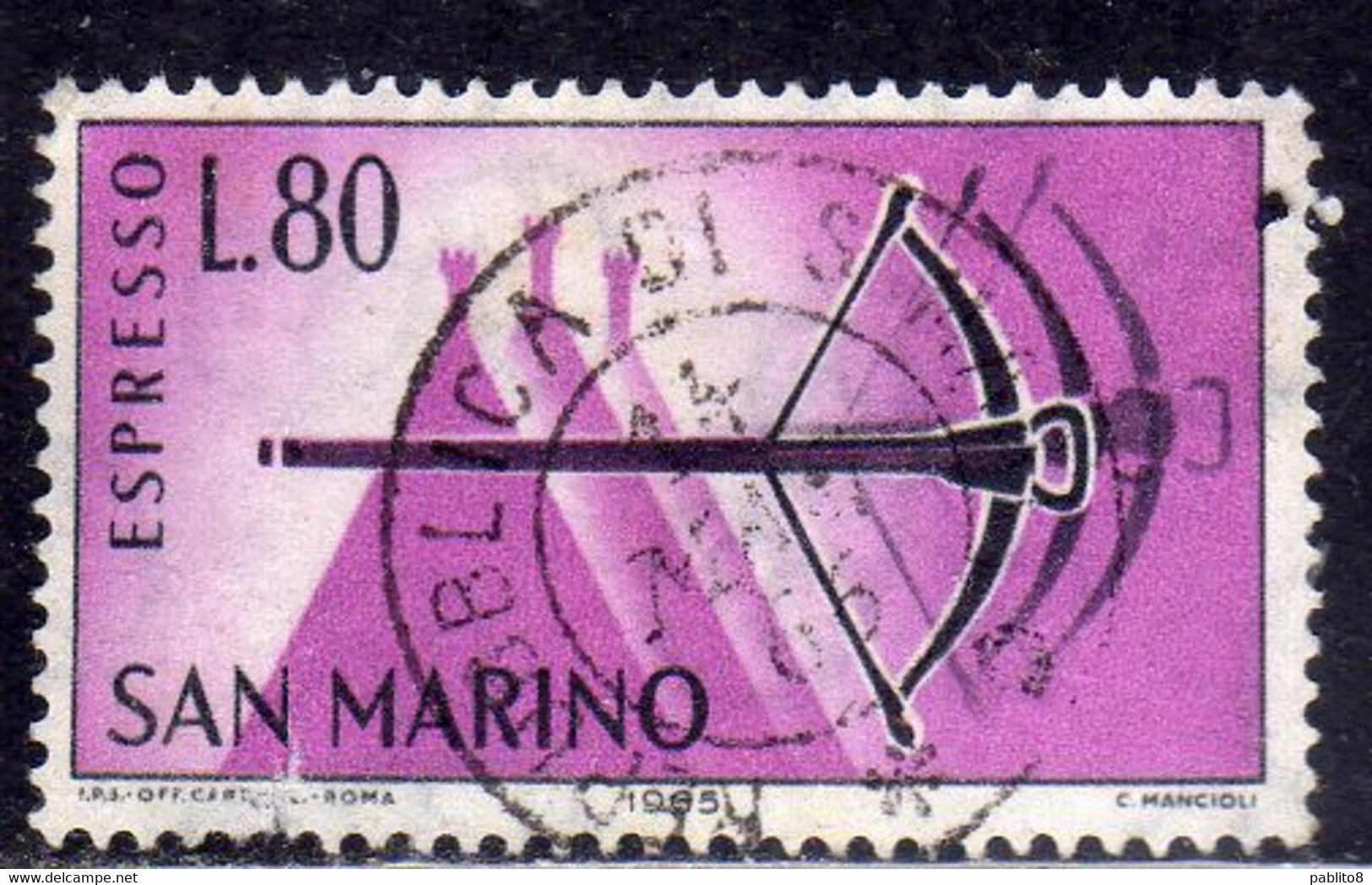 REPUBBLICA DI SAN MARINO 1966 ESPRESSI SPECIAL DELIVERY ESPRESSO BALESTRA LIRE 80 USATO USED OBLITERE' - Express Letter Stamps