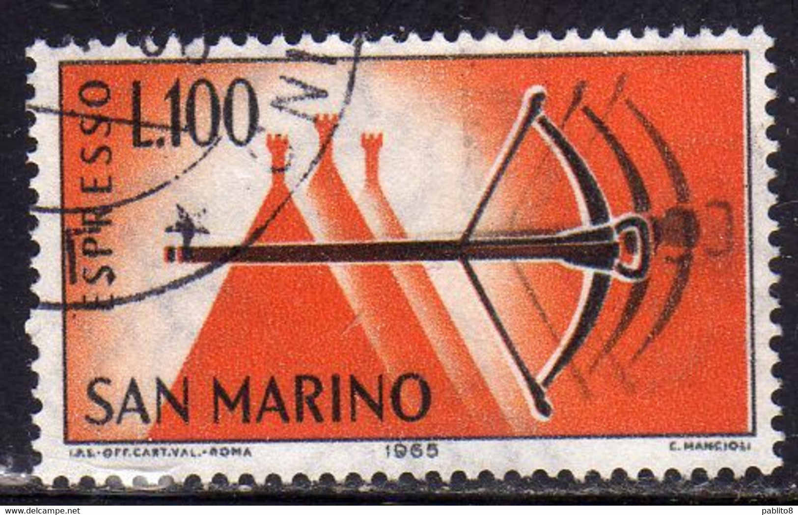 REPUBBLICA DI SAN MARINO 1966 ESPRESSI SPECIAL DELIVERY ESPRESSO BALESTRA LIRE 100 USATO USED OBLITERE' - Sellos De Urgencia