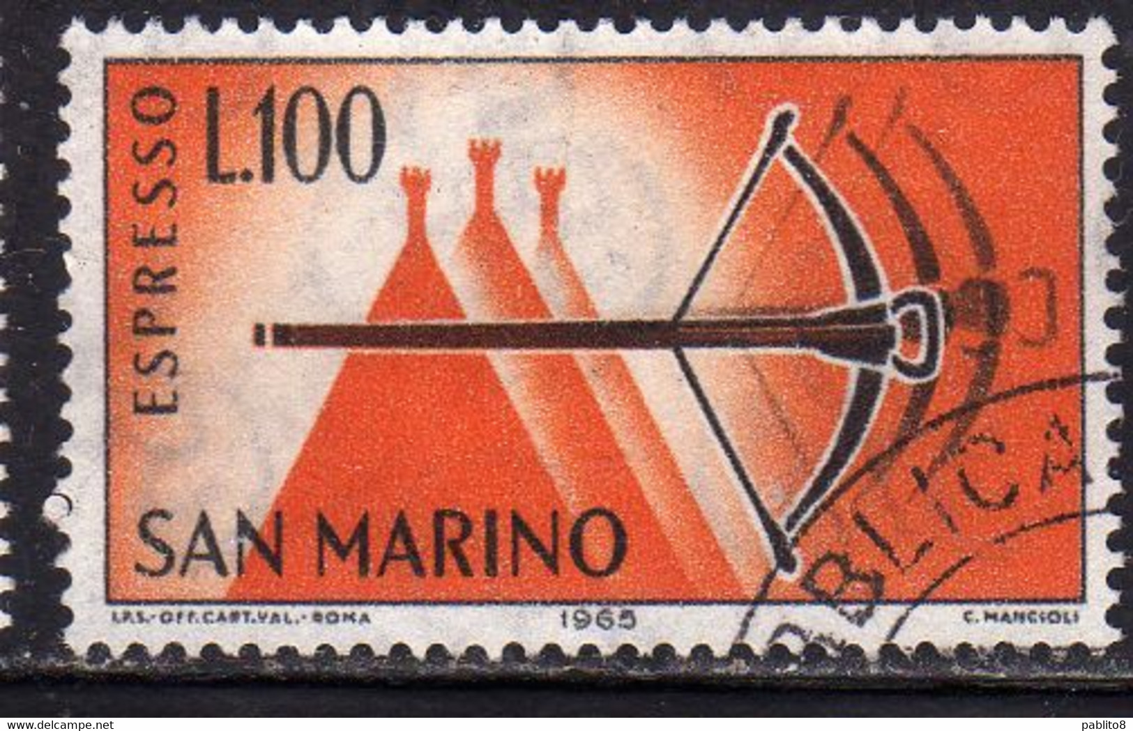 REPUBBLICA DI SAN MARINO 1966 ESPRESSI SPECIAL DELIVERY ESPRESSO BALESTRA LIRE 100 USATO USED OBLITERE' - Timbres Express