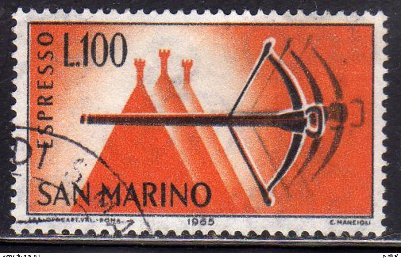 REPUBBLICA DI SAN MARINO 1966 ESPRESSI SPECIAL DELIVERY ESPRESSO BALESTRA LIRE 100 USATO USED OBLITERE' - Sellos De Urgencia