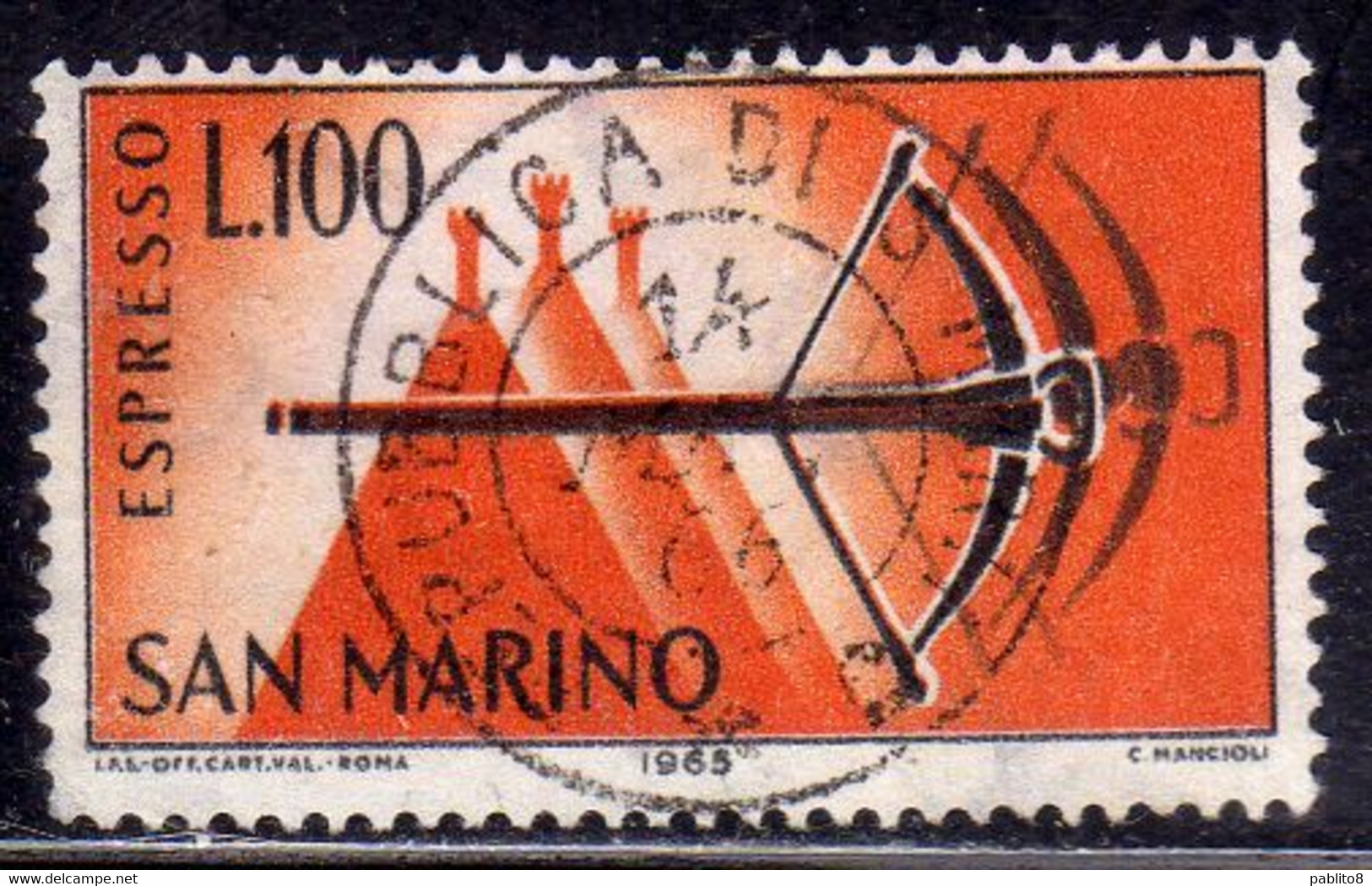 REPUBBLICA DI SAN MARINO 1966 ESPRESSI SPECIAL DELIVERY ESPRESSO BALESTRA LIRE 100 USATO USED OBLITERE' - Sellos De Urgencia