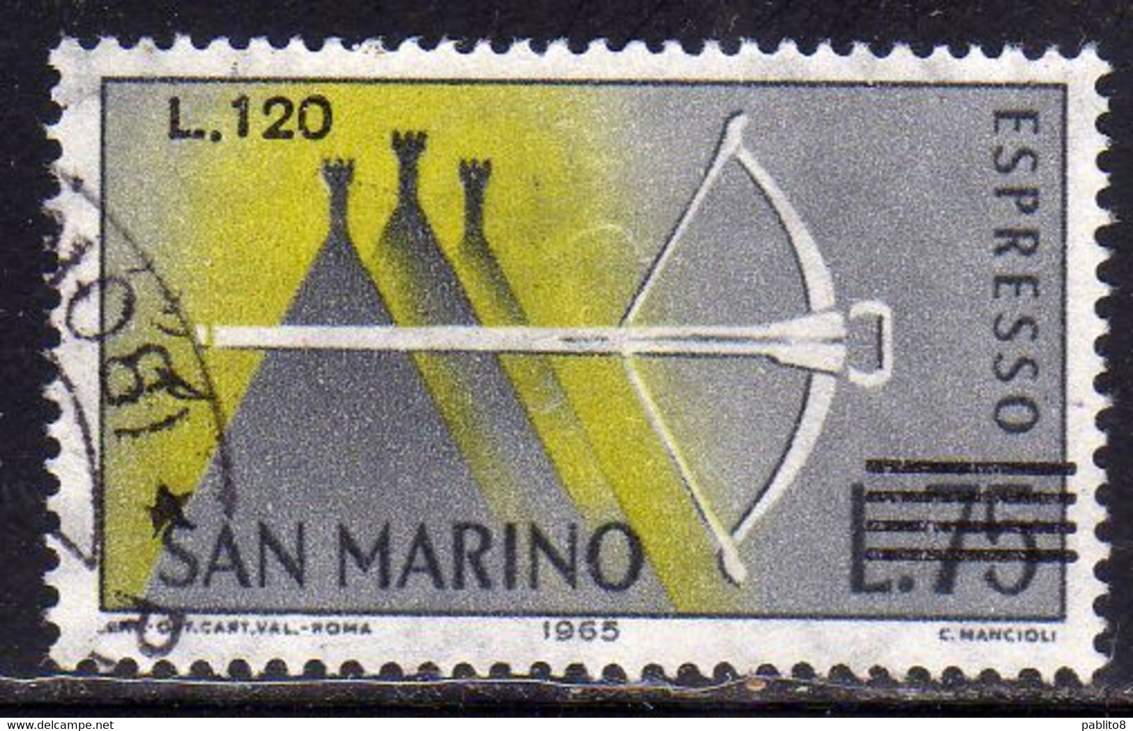 REPUBBLICA DI SAN MARINO 1965 ESPRESSI SPECIAL DELIVERY BALESTRA SOPRASTAMPATO SURCHARGED LIRE 120 SU 75 USATO USED - Express Letter Stamps