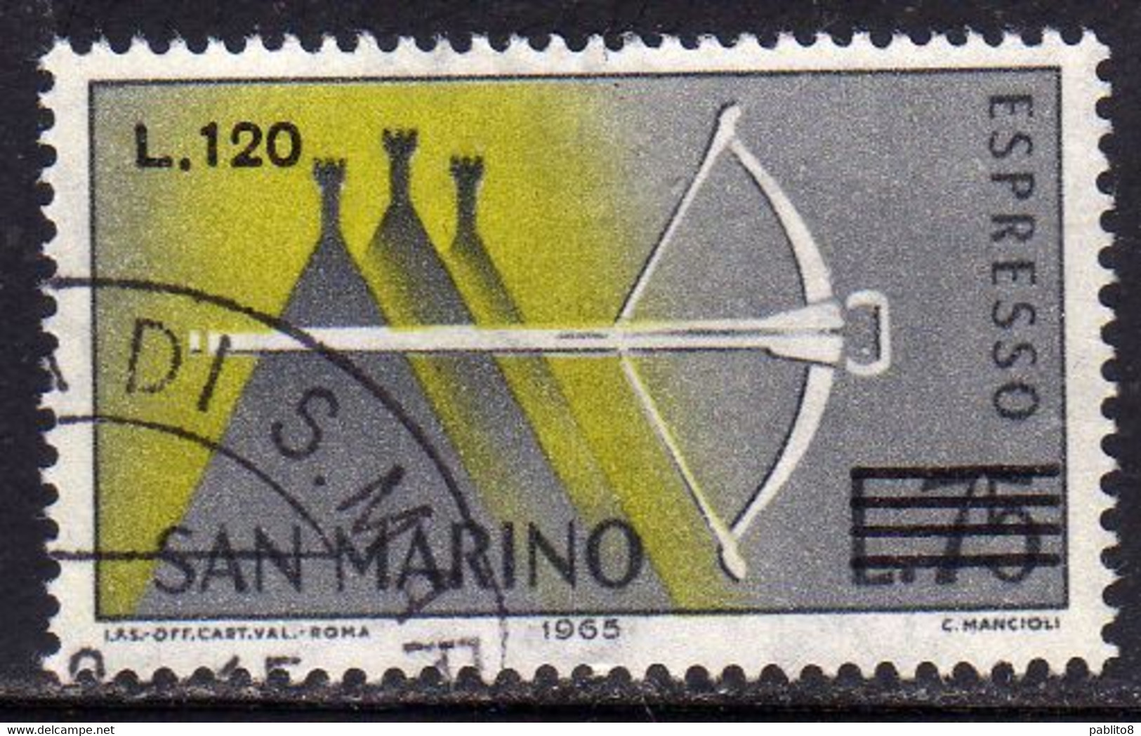 REPUBBLICA DI SAN MARINO 1965 ESPRESSI SPECIAL DELIVERY BALESTRA SOPRASTAMPATO SURCHARGED LIRE 120 SU 75 USATO USED - Express Letter Stamps