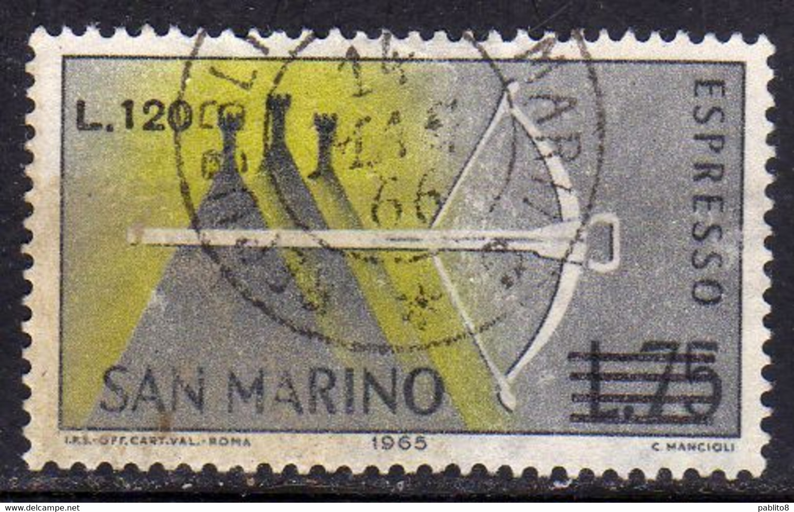 REPUBBLICA DI SAN MARINO 1965 ESPRESSI SPECIAL DELIVERY BALESTRA SOPRASTAMPATO SURCHARGED LIRE 120 SU 75 USATO USED - Timbres Express