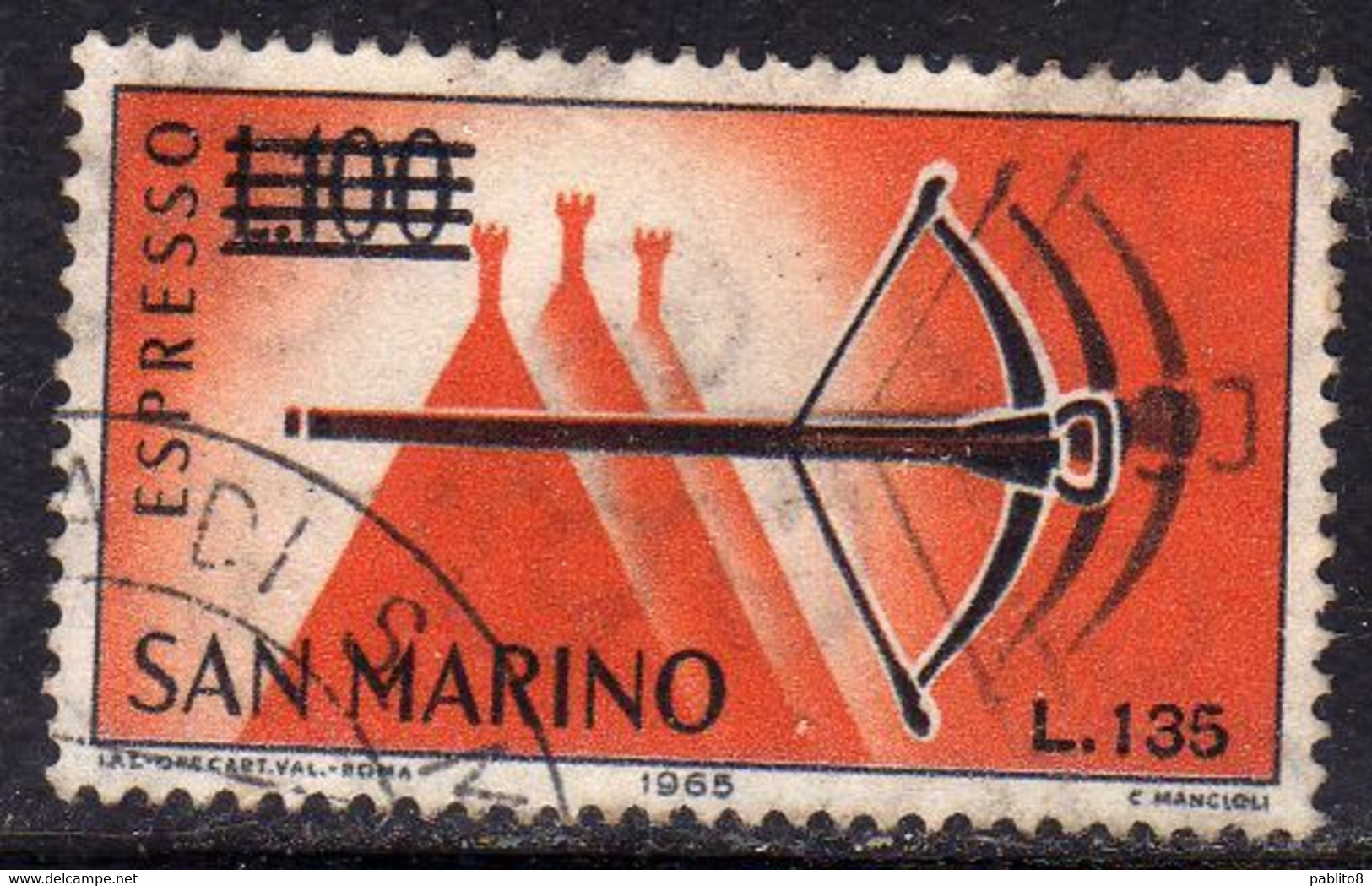 REPUBBLICA DI SAN MARINO 1965 ESPRESSI SPECIAL DELIVERY BALESTRA SOPRASTAMPATO SURCHARGED LIRE 135 SU 100 USATO USED - Express Letter Stamps