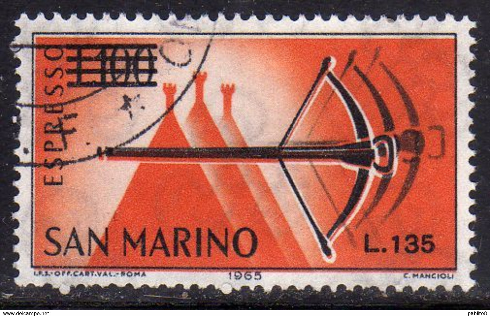 REPUBBLICA DI SAN MARINO 1965 ESPRESSI SPECIAL DELIVERY BALESTRA SOPRASTAMPATO SURCHARGED LIRE 135 SU 100 USATO USED - Timbres Express