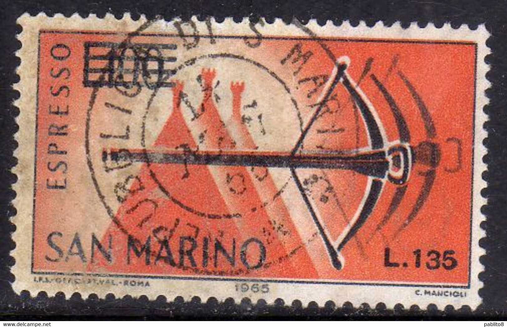 REPUBBLICA DI SAN MARINO 1965 ESPRESSI SPECIAL DELIVERY BALESTRA SOPRASTAMPATO SURCHARGED LIRE 135 SU 100 USATO USED - Timbres Express