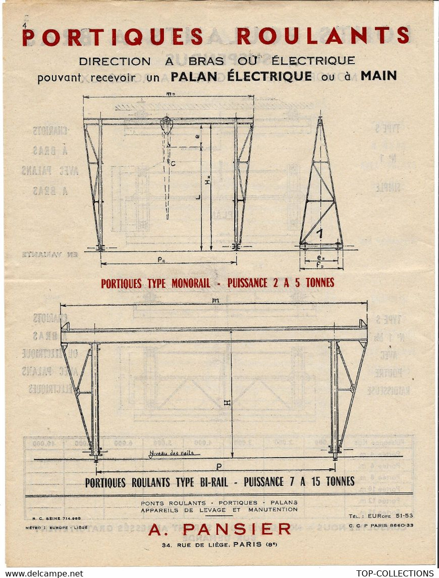 DOCUMENTATION ET MODELES SUR 4 PAGES A. PANSIER PARIS INDUSTRIE MECANIQUE PONTS ROULANTS CIRCA 1950B.E. VOIR SCANS - Maschinen