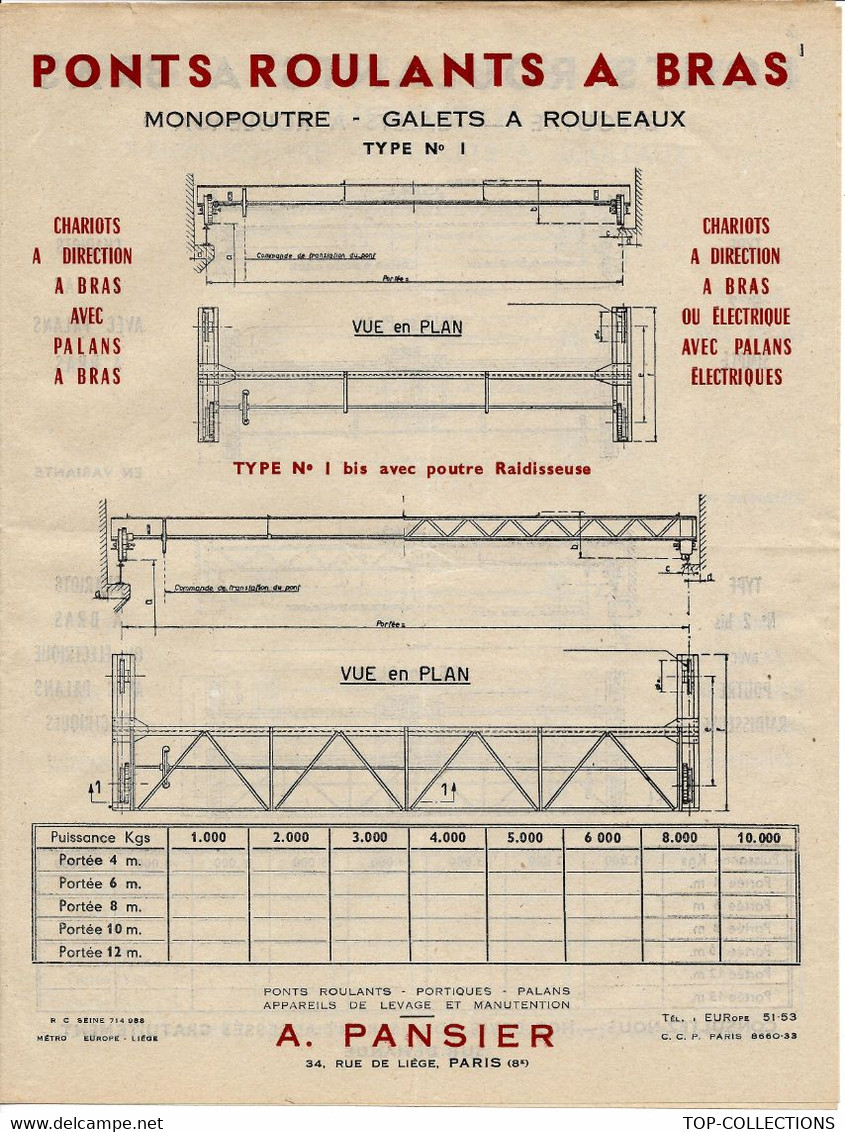 DOCUMENTATION ET MODELES SUR 4 PAGES A. PANSIER PARIS INDUSTRIE MECANIQUE PONTS ROULANTS CIRCA 1950B.E. VOIR SCANS - Maschinen