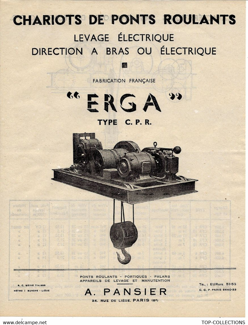 DOCUMENTATION ET MODELES SUR 2 PAGES A. PANSIER PARIS INDUSTRIE CHARIOTS PONTS ROULANTS CIRCA 1950B.E. VOIR SCANS - Maschinen