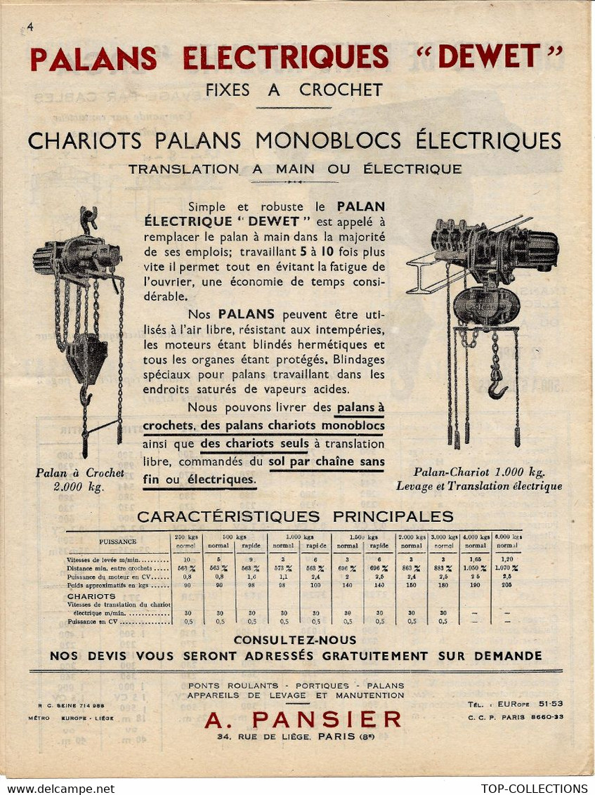 DOCUMENTATION ET MODELES SUR 4 PAGES A. PANSIER PARIS INDUSTRIE PALANS ELECTRIQUES ERGA CIRCA 1950 B.E. VOIR SCANS - Macchine