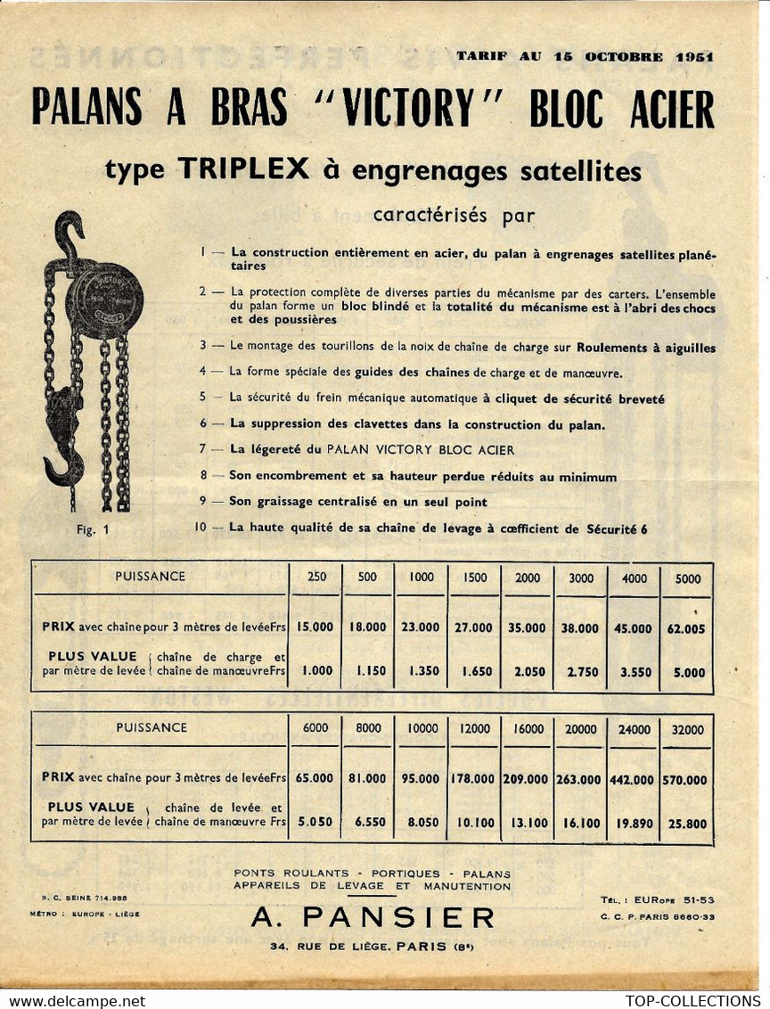 DOCUMENTATION ET MODELES SUR 4 PAGES A. PANSIER PARIS INDUSTRIE PALANS A BRAS VICTORY CIRCA 1950 B.E. VOIR SCANS - Machines