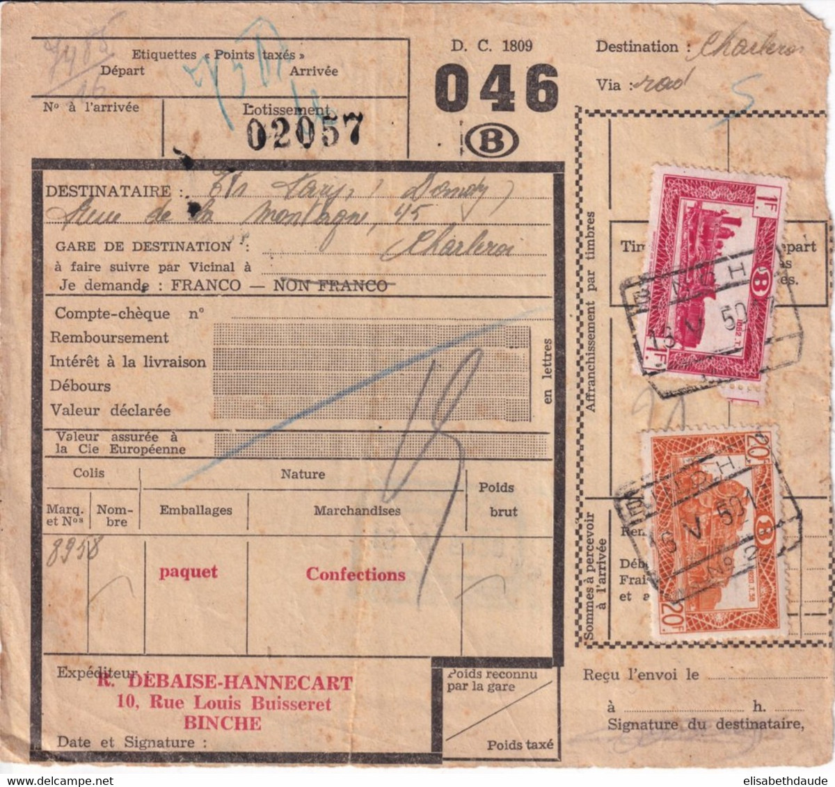 1950 - BELGIQUE - COLIS-POSTAUX De BINCHE => CHARLEROI - Other & Unclassified
