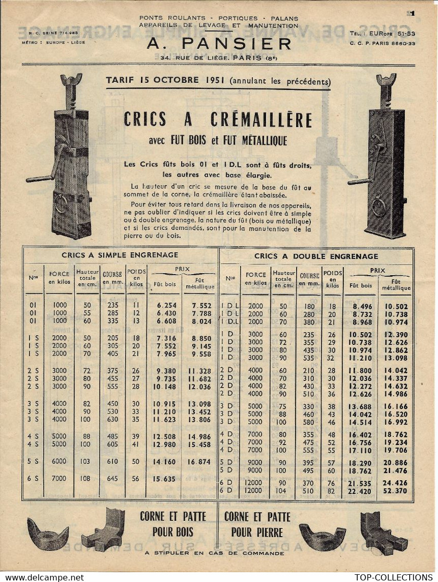 DOCUMENTATION ET MODELES SUR 4 PAGES A. PANSIER PARIS INDUSTRIE CRICS A CREMAILLERE CIRCA 1950 B.E. VOIR SCANS - Machines