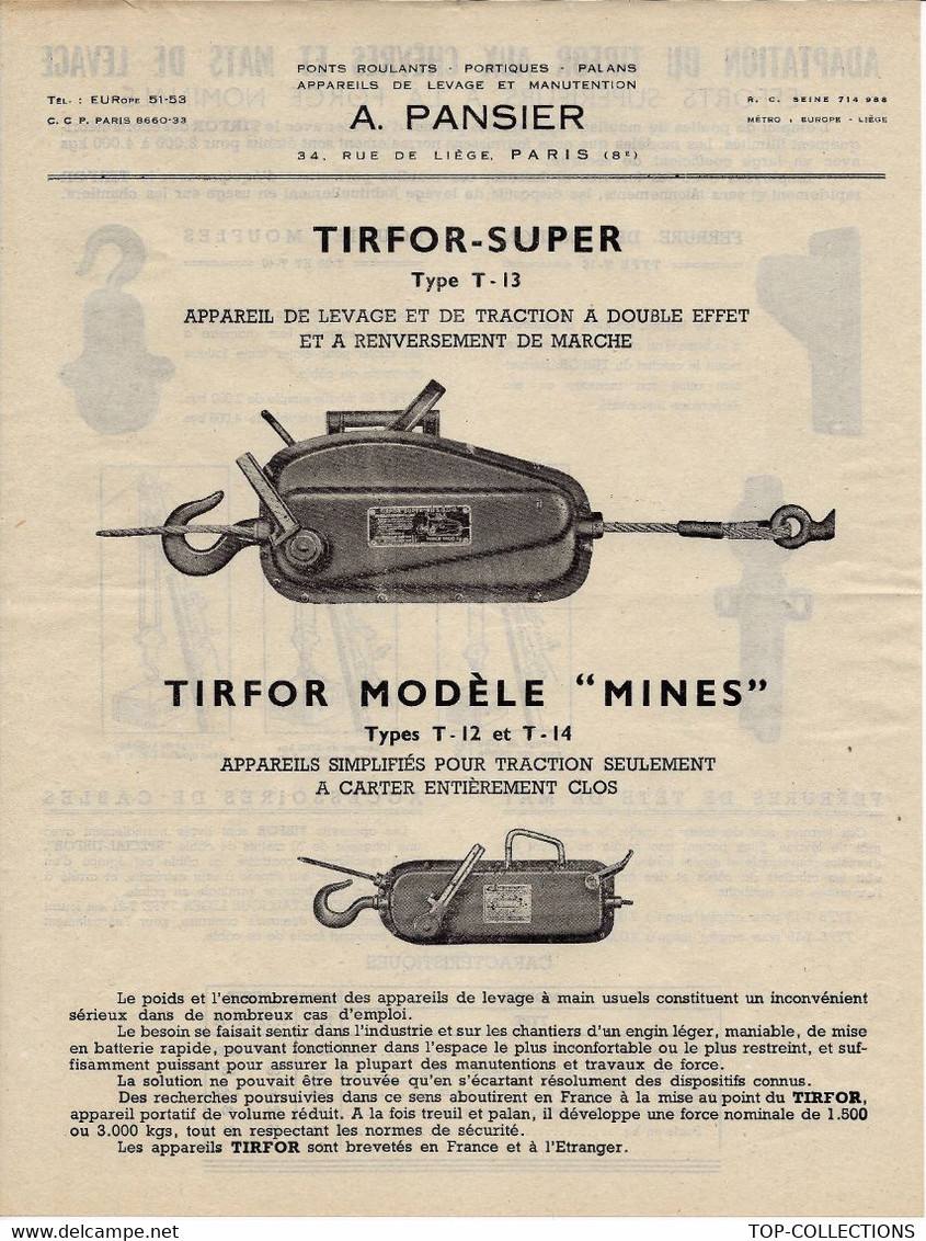 DOCUMENTATION ET MODELES SUR 2 PAGES A. PANSIER PARIS INDUSTRIE TIRAGE TIRFOR CIRCA 1950 B.E. VOIR SCANS - Machines