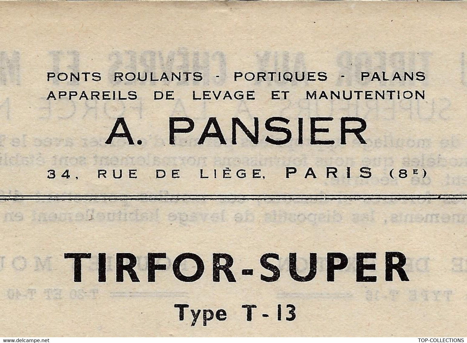 DOCUMENTATION ET MODELES SUR 2 PAGES A. PANSIER PARIS INDUSTRIE TIRAGE TIRFOR CIRCA 1950 B.E. VOIR SCANS - Machines