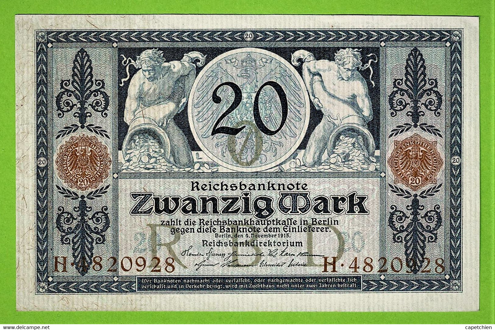 ALLEMAGNE / 20 MARK / REICHSBANKNOTE / 04 - 11 - 1915 / H.4820928 /   Ros. 53 / ETAT SUP - 20 Mark