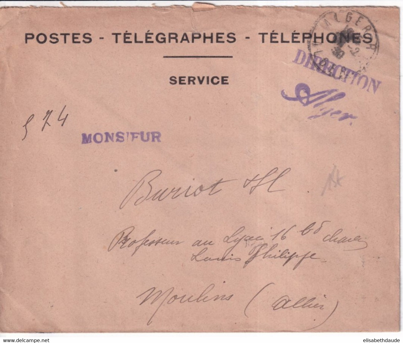 1930 - ALGERIE - ENVELOPPE De SERVICE En FRANCHISE Avec MARQUE "DIRECTION ALGER" ! => MOULINS - Storia Postale