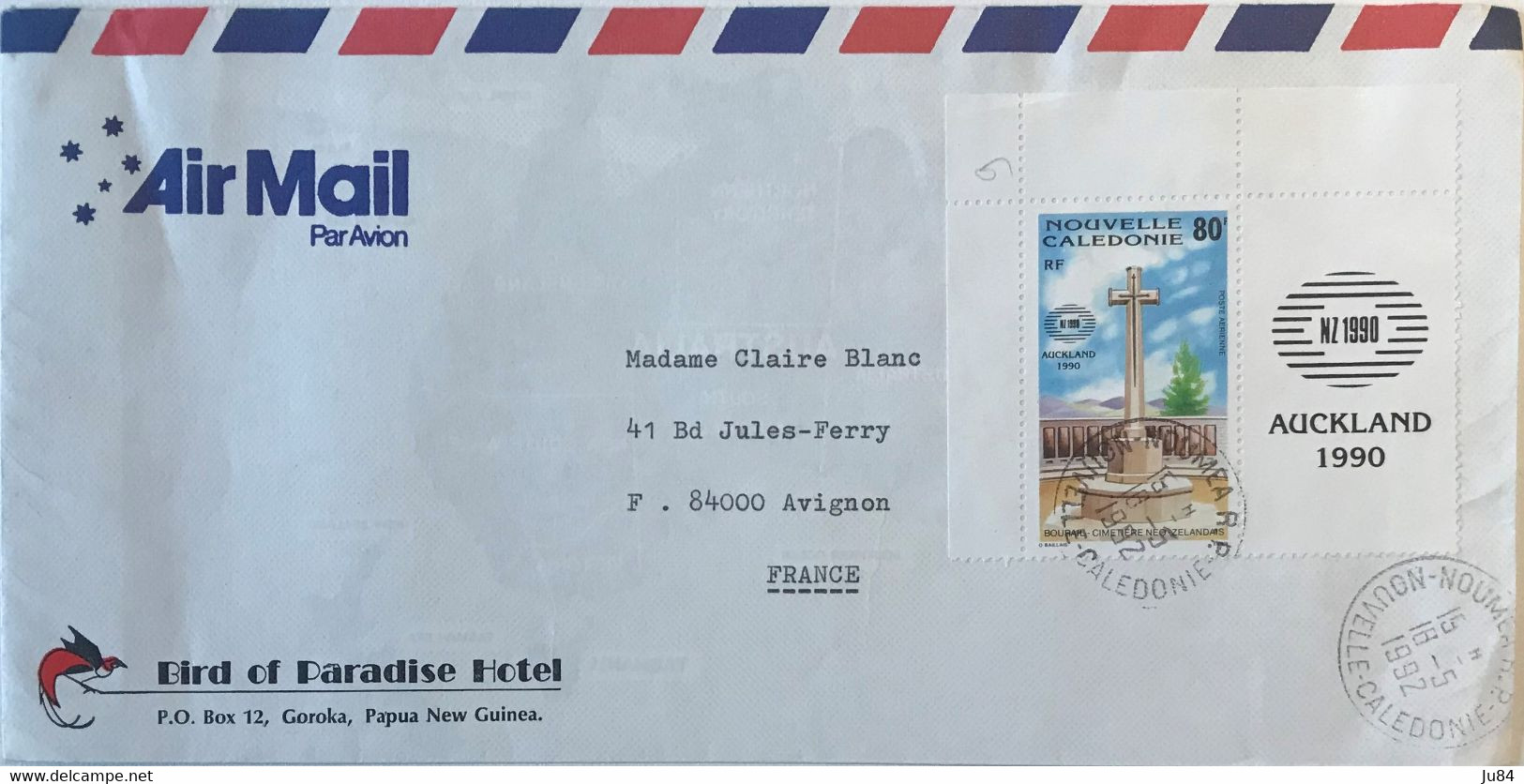 Nouvelle Calédonie - Nouméa R.P. - Auckland 1990 - Lettre Avion Pour Avignon (France) - Bird Of Paradise Hotel - 1992 - Used Stamps