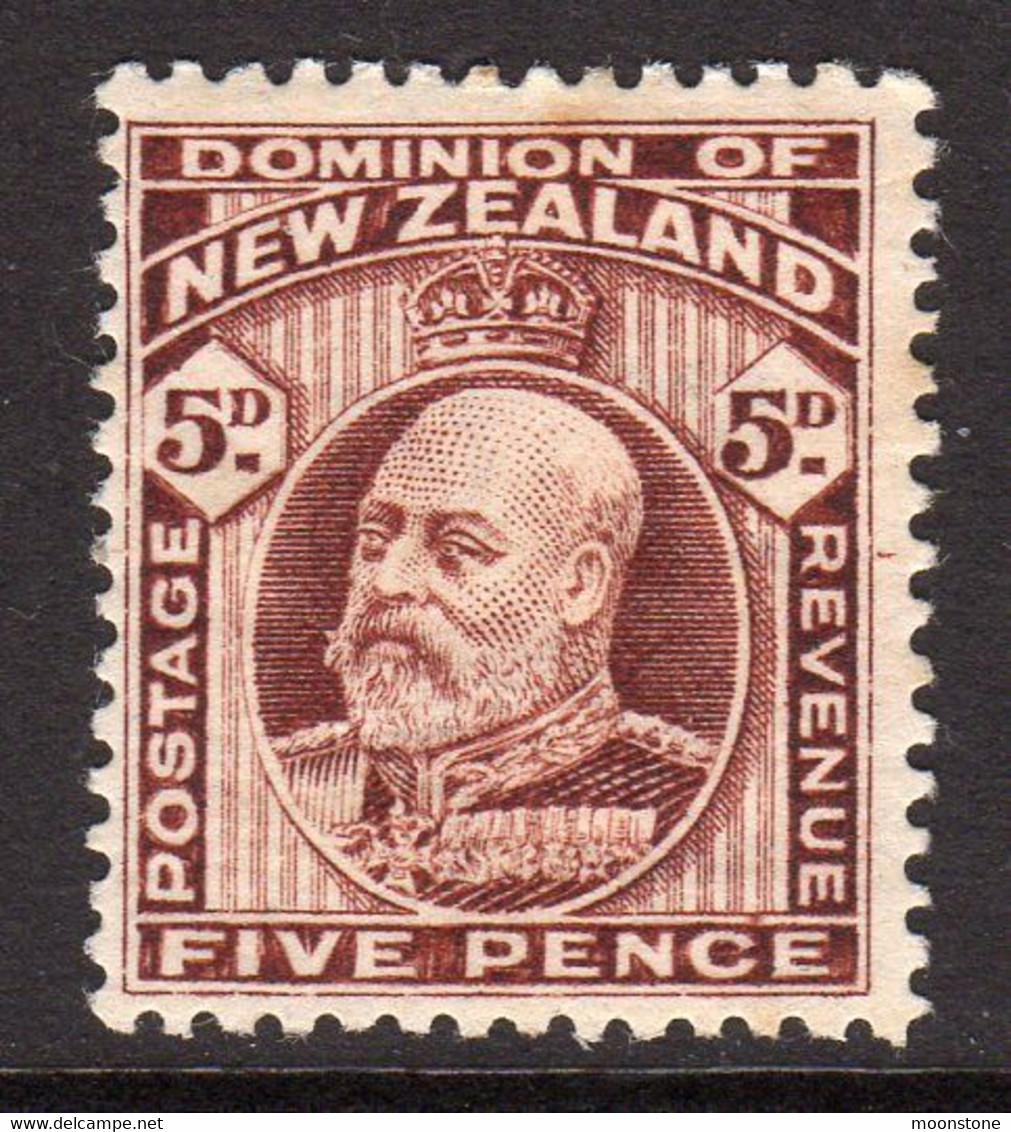 New Zealand EVII 1908-12 5d Brown, Perf. 14x14½, Hinged Mint, SG 391 (A) - Ungebraucht