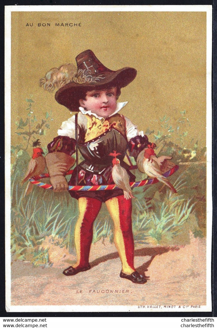 CHROMO LITHO Doré ! BON MARCHE * PETIT SOLDAT FAUCONNIER - FALCONER - FALCONIERE * Litho Vallet Minot Paris - Au Bon Marché